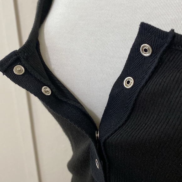Black Ribbed Button Down Crop Top, Size Small - Picture 3 of 7